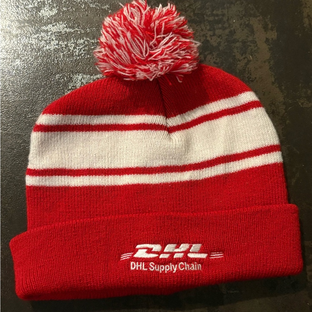 DHL Freight Red & White Striped Beanie With Pom Pom One Size Adult